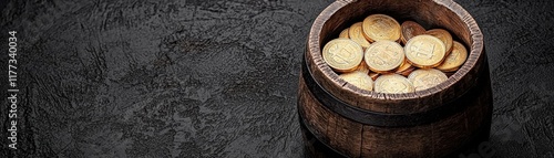 Wooden Barrel Filled with Gold Coins on a Dark Textured Surface for Wealth and Finance Concepts photo