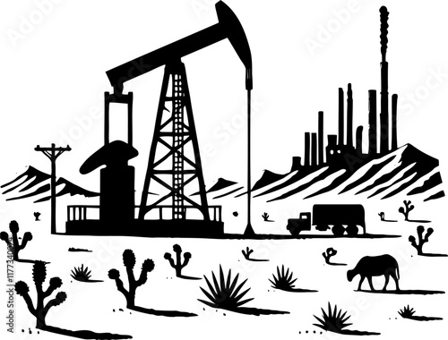 Oil Pumpjack and Refinery in Desert Silhouette Art