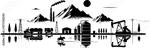 Industrial Landscape with Oil Extraction and Mountain Silhouette in Vector Art Style