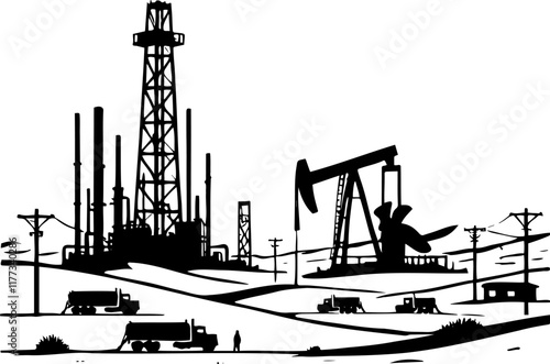 Oil Extraction and Refinery Silhouette in Industrial Landscape