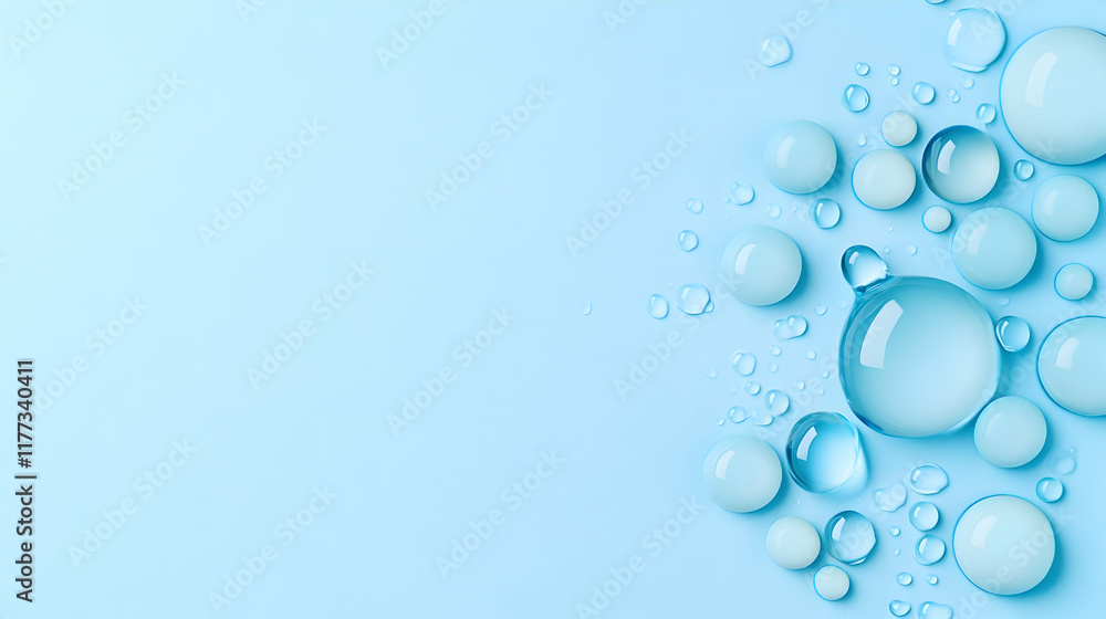 Water droplets on light blue background; purity, freshness concept; website banner, advertisement. Water droplets on light blue background; purity, freshness concept; website banner, advertisement.