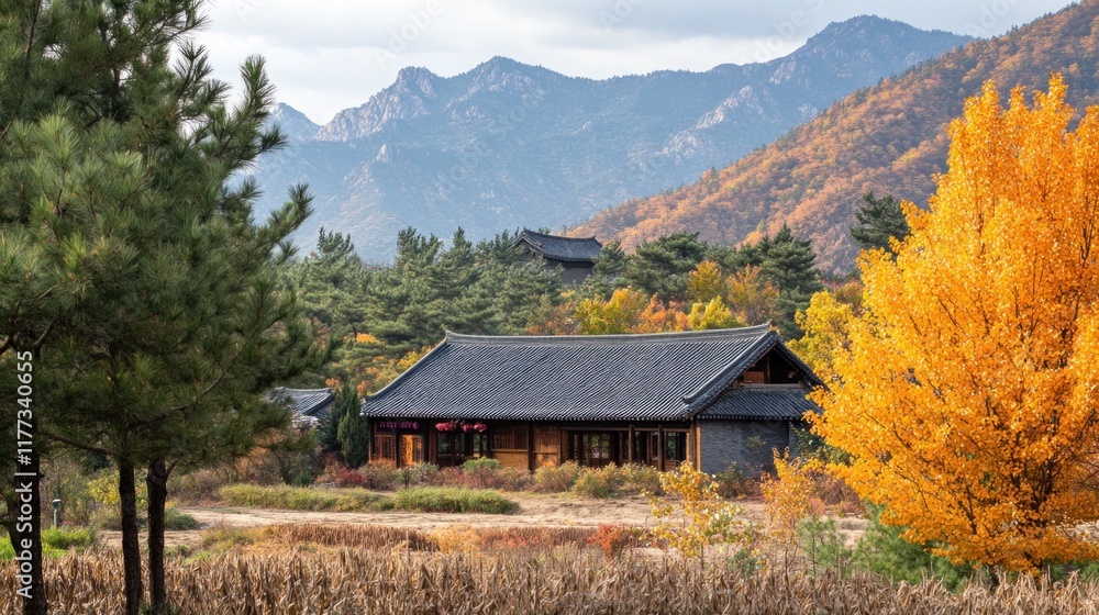 A serene autumn landscape featuring a traditional house surrounded by mountains and colorful trees.