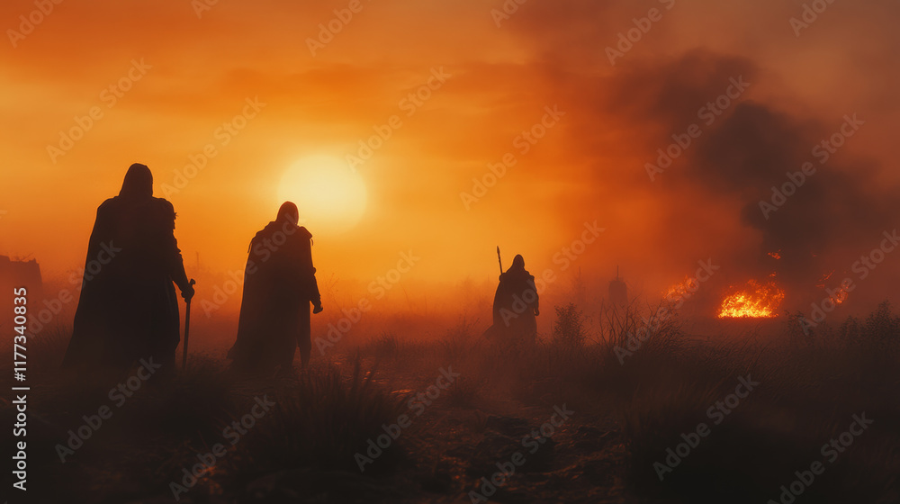 Fototapeta premium Cinematic shot of knights silhouetted against glowing sunset, evoking sense of mystery and adventure. scene captures dramatic atmosphere of battlefield