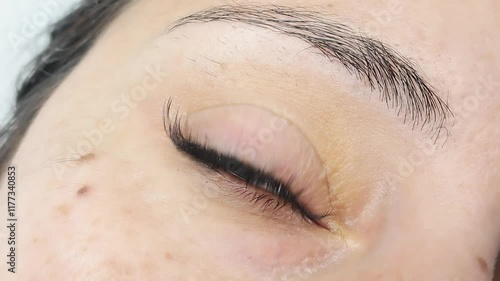 Close up of eye with eyelash extensions ,beauty salon treatment ,2d volume, 3d volume, classical lashes,Russian volume,megavolume, new set