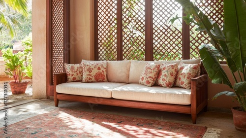 Vibrant Indian Style Modern Living Room with Teak Sofa and Handwoven Rug Bathed in Sunlight Cinematic Interior Image