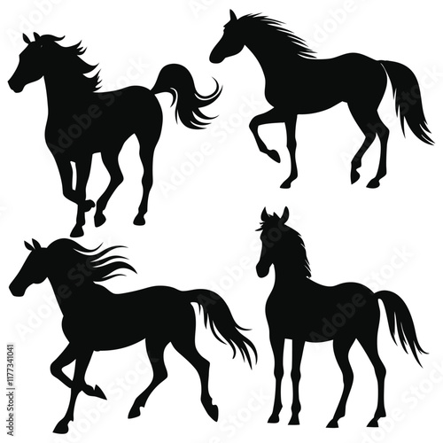 A group of  silhouette of horses. black  silhouette, vector, jumping, running, trotting, rearing horse on white background. 