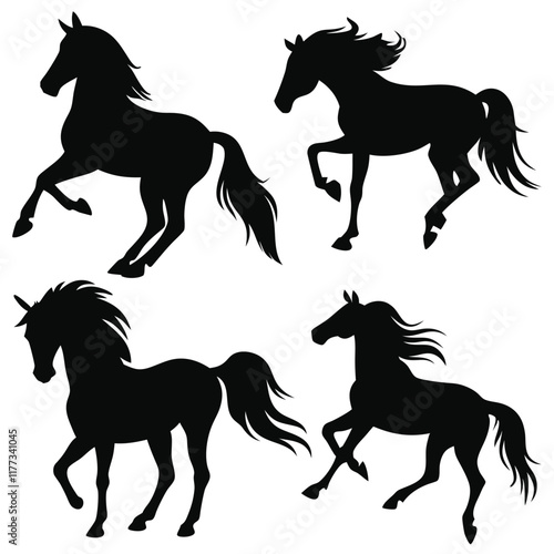 A group of wild horses. black  silhouette, vector, jumping, running, reaching horse on white background. 