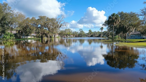 Flooding aftermath in Sarasota, Florida, with residential streets and houses in Laurel Meadows heavily impacted by tropical storm Debby. photo