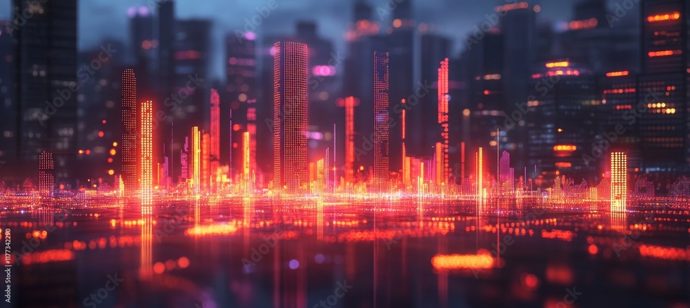 Futuristic Cityscape With Glowing Grid, Symbolizing Technology, Finance, And The Digital World. Futuristic Cityscape With Glowing Grid, Symbolizing Technology, Finance, And The Digital World.