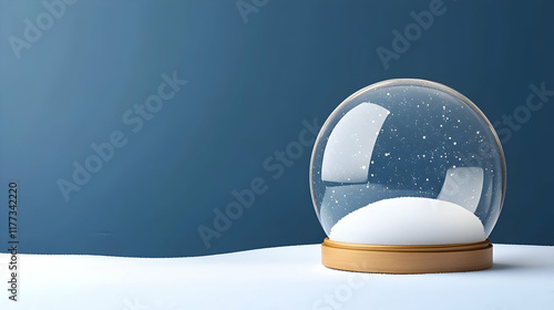 Winter snow globe on snowy surface against blue background; holiday decoration, festive season imagery for greeting cards or websites. photo