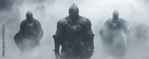Knights in armor walking steadily through foggy battlefield, evoking sense of mystery and determination. atmosphere is thick with fog, enhancing dramatic scene