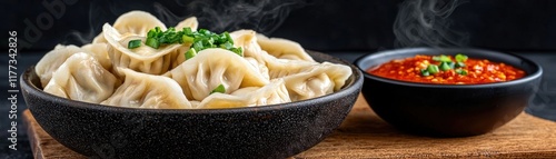 Delicious Steamed Dumplings Served with Spicy Sauce and Fresh Green Onion Garnish