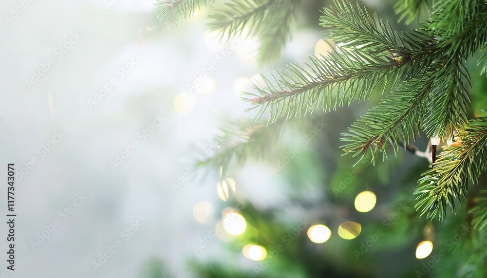 Close-Up of Evergreen Pine Branches with Soft Focus Festive Fairy Lights Background for Christmas Decorations and Nature Themes Close-Up of Evergreen Pine Branches with Soft Focus Festive Fairy Lights Background for Christmas Decorations and Nature Themes
