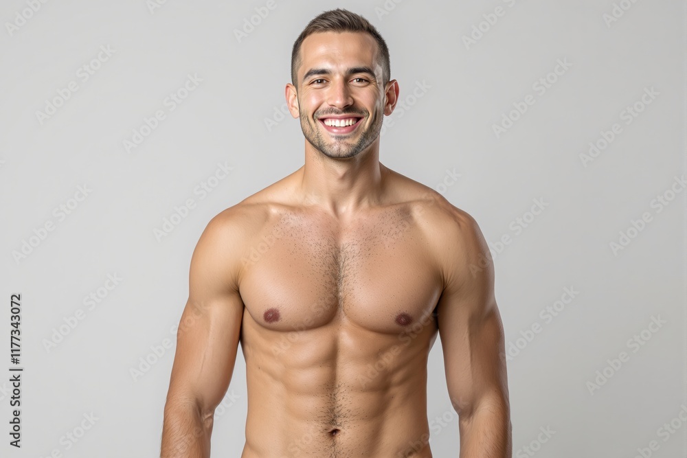 Fototapeta premium Smiling muscular man posing shirtless, displaying a fit and toned physique on a light background. Concept of fitness, health, and confidence. Ai generative