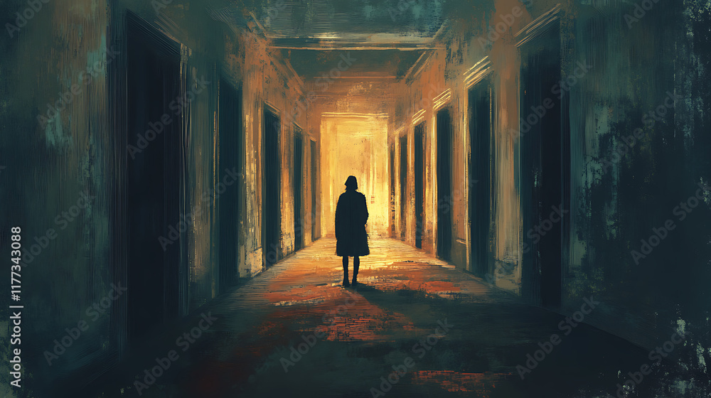 A person leaving a familiar, comfortable room, walking into a corridor of endless doors2 A person leaving a familiar, comfortable room, walking into a corridor of endless doors2