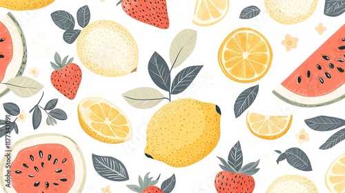 Cartoon-style fruit pattern with lemon, orange, banana, strawberry, watermelon on white.  