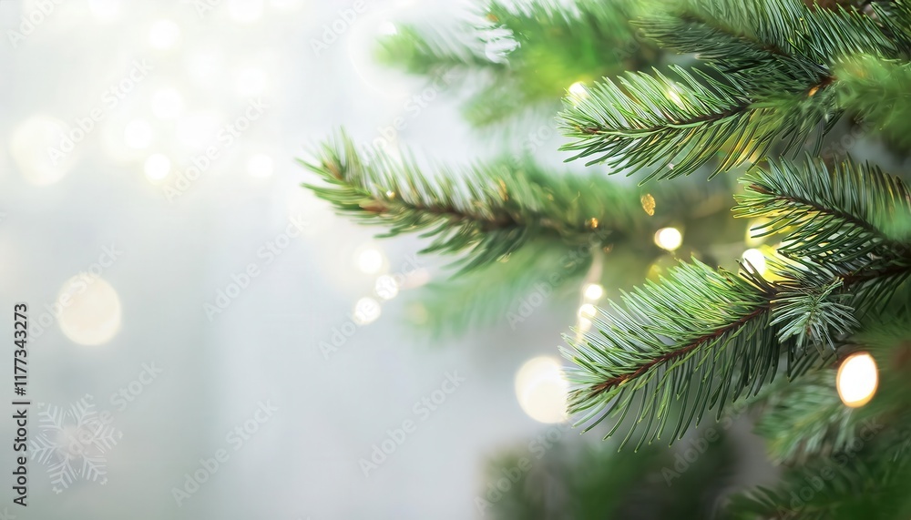Close-Up of Evergreen Pine Branches with Soft Focus Festive Fairy Lights Background for Christmas Decorations and Nature Themes Close-Up of Evergreen Pine Branches with Soft Focus Festive Fairy Lights Background for Christmas Decorations and Nature Themes