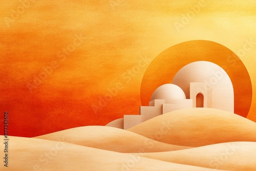 A stylized ksar and oasis silhouette, set against a gradient sunset background with simple, bold outlines photo