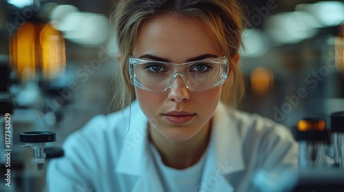 A focused female scientist wearing safety goggles and gloves works on a microscope in a modern laboratory, symbolizing precision, research, and scientific advancement