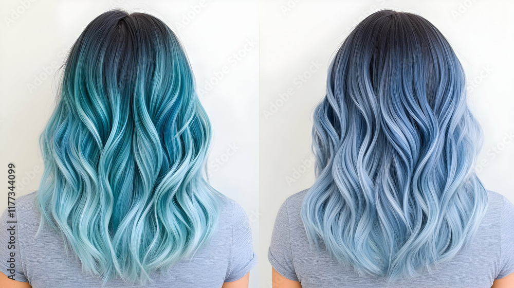 Naklejka premium Woman's long wavy teal and blue ombre hair before and after styling. Perfect for hair salons, beauty blogs, or hair product advertising.