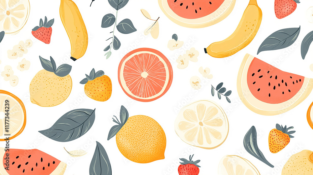  Seamless cartoon fruit pattern: lemon, orange, banana, strawberry, watermelon on white background.  