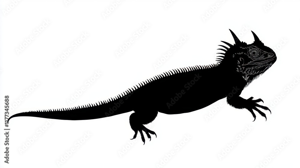 Black Silhouette of a Spiny tailed Iguana Reptile Detailed Profile View Black Silhouette of a Spiny tailed Iguana Reptile Detailed Profile View