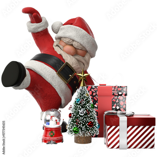 Festive 3D renderings of funny cartoon Santa Claus, Christmas gift boxes and a snow globe with a snowman inside. Ideal for holiday themed designs. 3D Illustration 