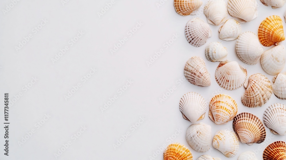 Beautifully Arranged Seashells on a Pristine White Background for Photography Beautifully Arranged Seashells on a Pristine White Background for Photography