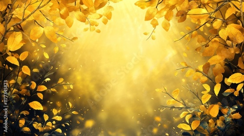 Golden autumn leaves frame, sunlight, forest backdrop, fall design photo