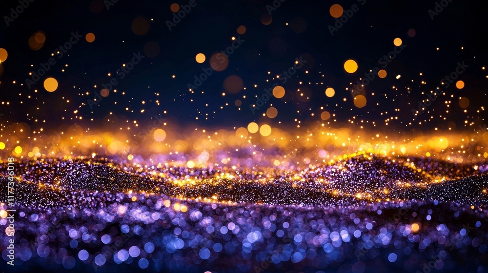 Obraz premium Defocused twinkling stars scattered across a night sky, delicate glitter pattern, soft glow from distant galaxies, mystical and serene scene