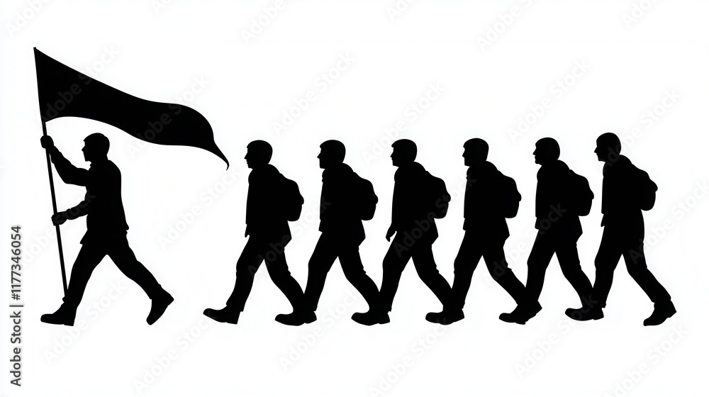 Fototapeta premium Silhouettes of Men Walking in a Row One Carrying a Banner Leadership Concept