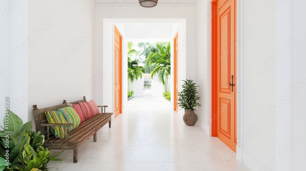 Fototapeta premium Vibrant Indian-Inspired Modern Hallway with Orange Double Doors and Antique Bench - Cinematic Interior Design