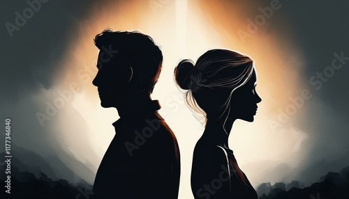 Man and woman facing away from each other, angry and disappointed couple (divorce, argument, break-up), facing backs