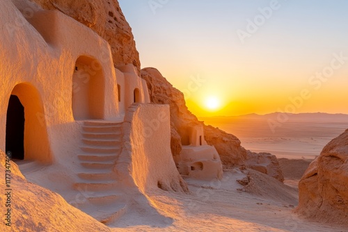 A view of Ksar Ouled Soltane in Tunisia, with its iconic stacked granaries glowing under the golden light of sunset, surrounded by vast desert landscapes