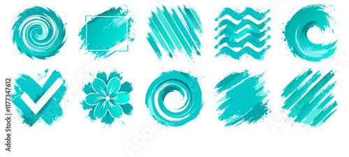 Abstract brushstroke design elements in vibrant turquoise shades