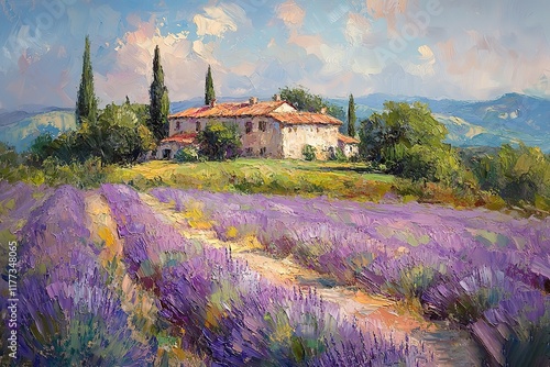 A picturesque oil painting of a lavender field with a rustic farmhouse.