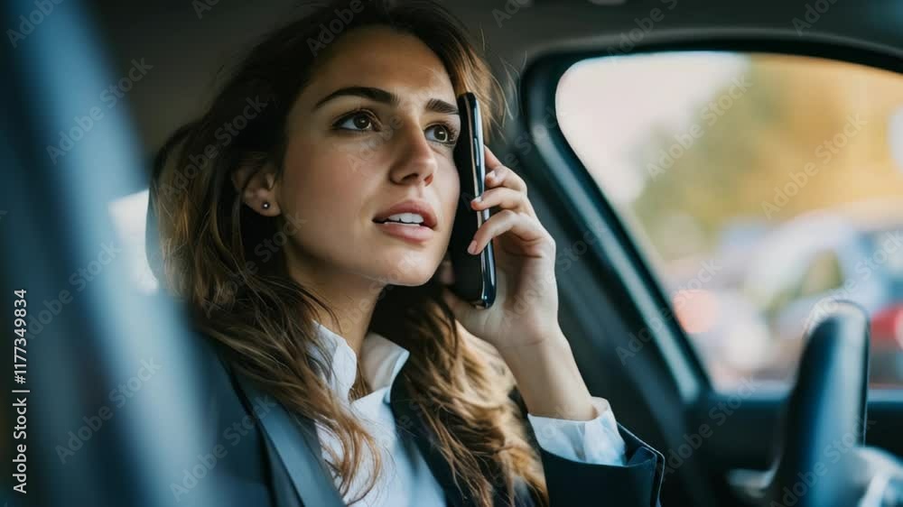 Professional woman engaging in a phone call while sitting in a parked car Professional woman engaging in a phone call while sitting in a parked car