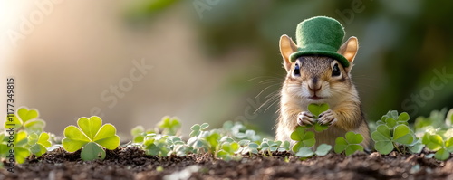 St. Patrick's Day Card. Chipmunk in a Green Hat on a Green Clover Field. Banner Copyspace