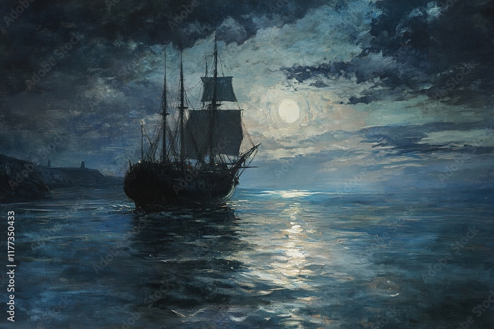Silhouetted ship at night, under a mystical moonlit sky, evokes a sense of mystery. Silhouetted ship at night, under a mystical moonlit sky, evokes a sense of mystery.