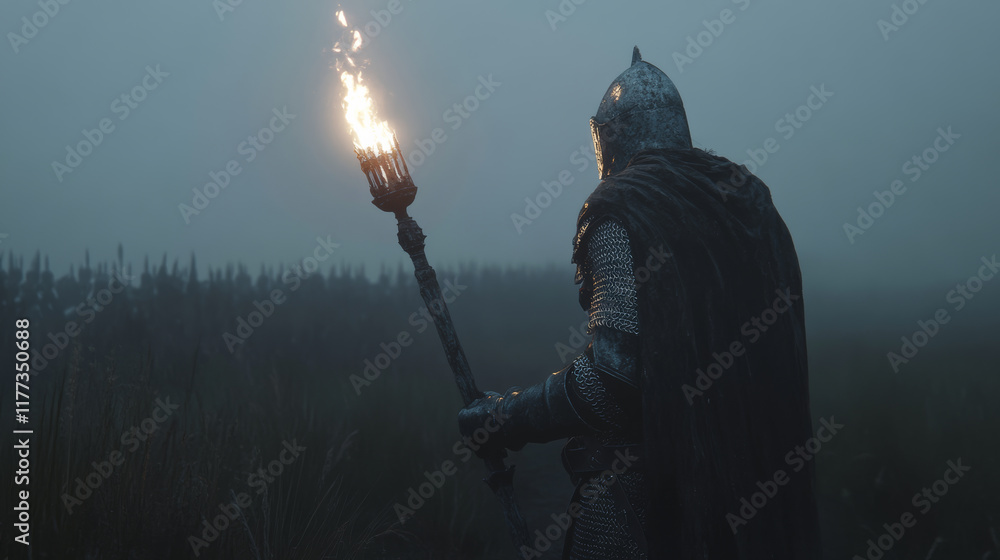 Obraz premium knight holding torch stands in foggy landscape, ready to march forward. atmosphere is mysterious and evokes sense of adventure and bravery