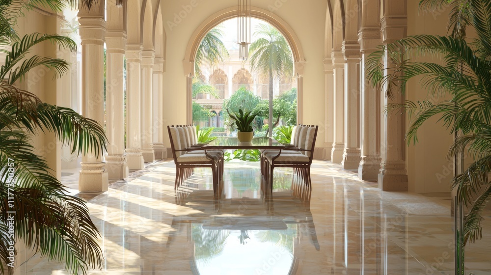 Fototapeta premium Opulent Indian-Inspired Formal Dining Room with Carved Arches and Modern Elegance, Cinematic Image