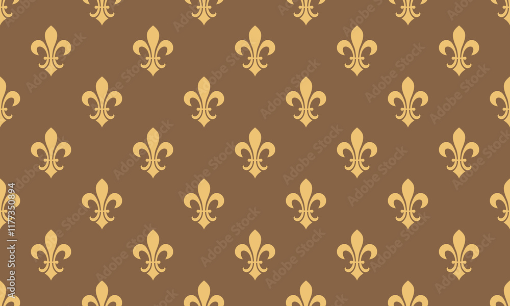 Elegant gold fleur-de-lis pattern on a brown background. Perfect for wallpaper, textile design, or website backgrounds. Sophisticated and classic design. Elegant gold fleur-de-lis pattern on a brown background. Perfect for wallpaper, textile design, or website backgrounds. Sophisticated and classic design.