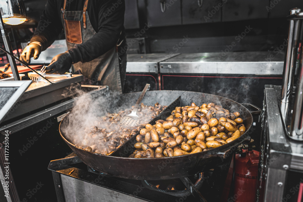 Chef grilling potatoes and vegetables over an open flame at a lively street food festival Chef grilling potatoes and vegetables over an open flame at a lively street food festival