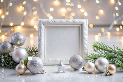 Elegant white & silver Christmas card design.  A festive flat lay banner perfect for holiday greetings.