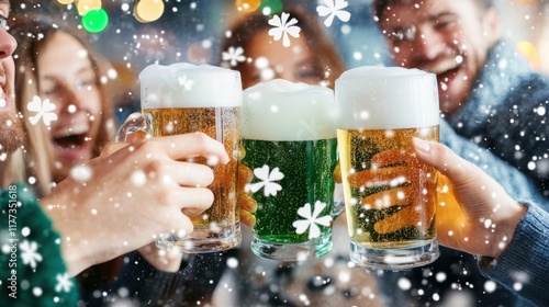 Cheers to Winter Festivities: A group of friends raise their glasses in a toast, celebrating the holiday season with laughter and camaraderie. Festive snowflakes fall around them. photo