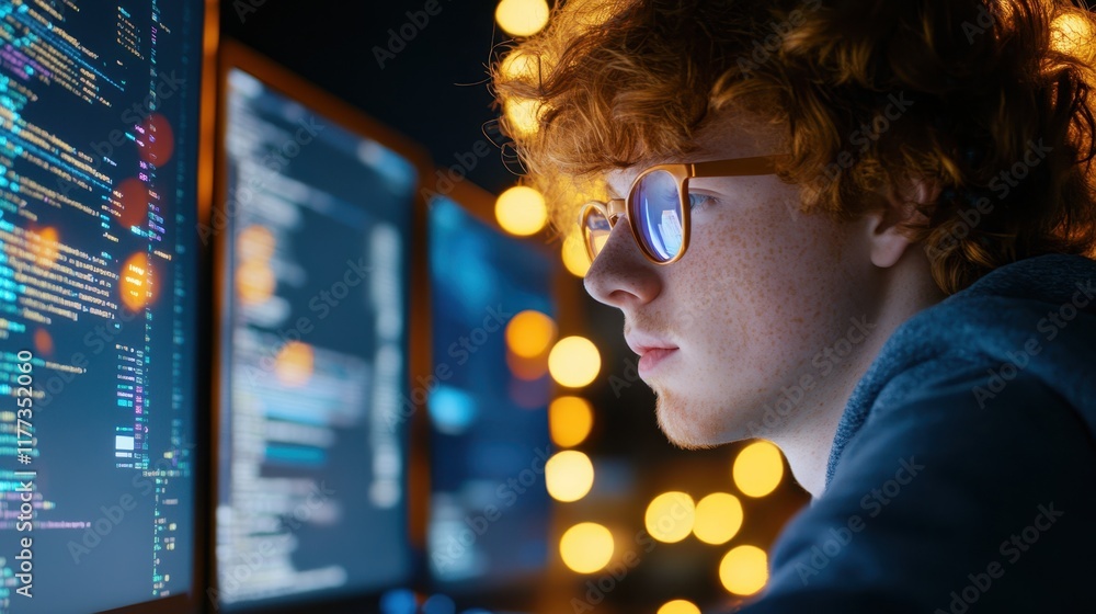 NightCoder: Focused young programmer working late NightCoder: Focused young programmer working late