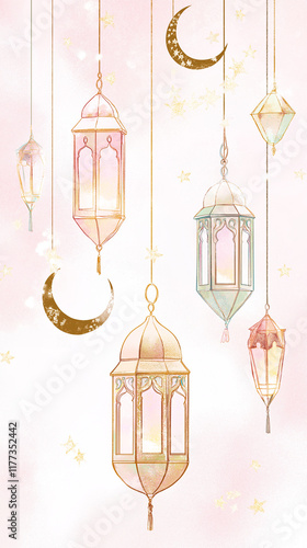 dusty pink and white islamic background with glowing crescents and lanterns
