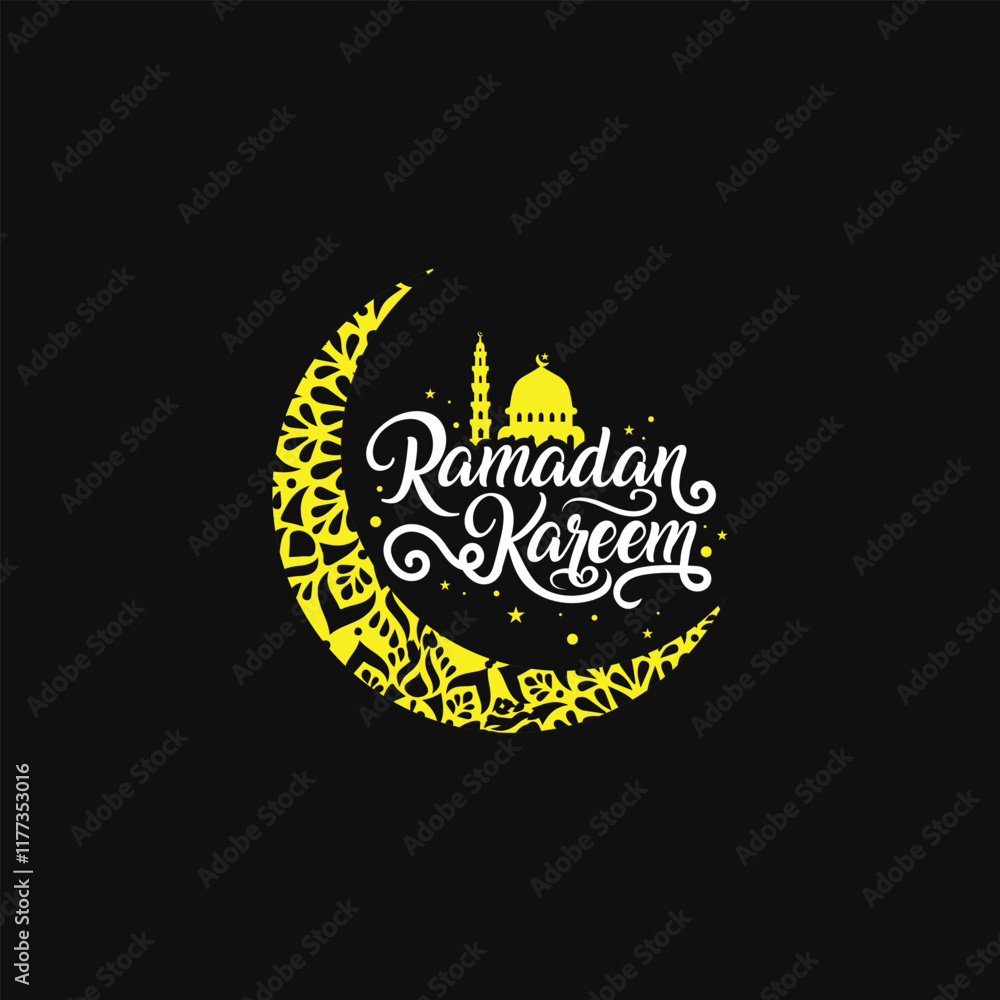 Ramadan Kareem vector calligraphy design for Islamic holiday greetings, featuring hand drawn typography, a crescent moon, and mosque. Perfect for cards, banners, and social media. Ramadan Kareem vector calligraphy design for Islamic holiday greetings, featuring hand drawn typography, a crescent moon, and mosque. Perfect for cards, banners, and social media.