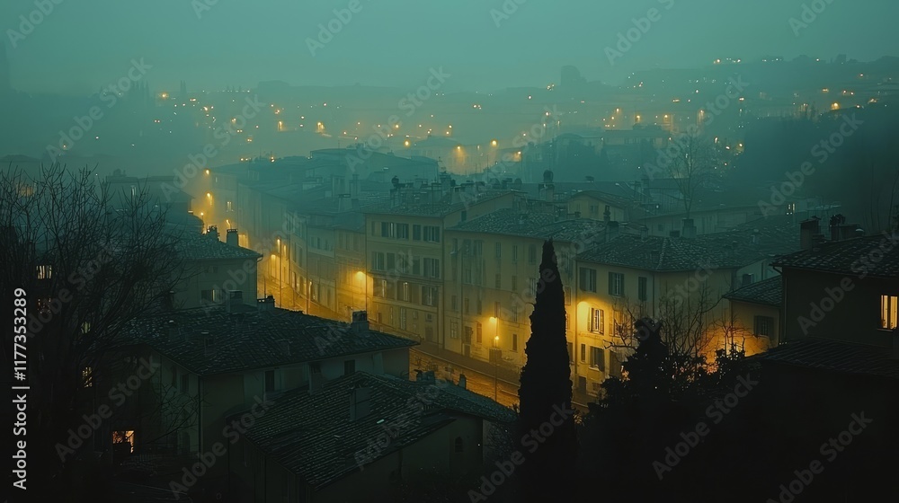 Fototapeta premium Dreamy twilight city, softly blurred lights twinkling like distant stars in the evening glow