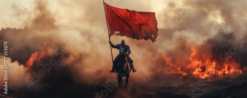 knight gallops through smoke and flames, proudly holding red flag aloft. dramatic scene captures intensity of battle and spirit of bravery